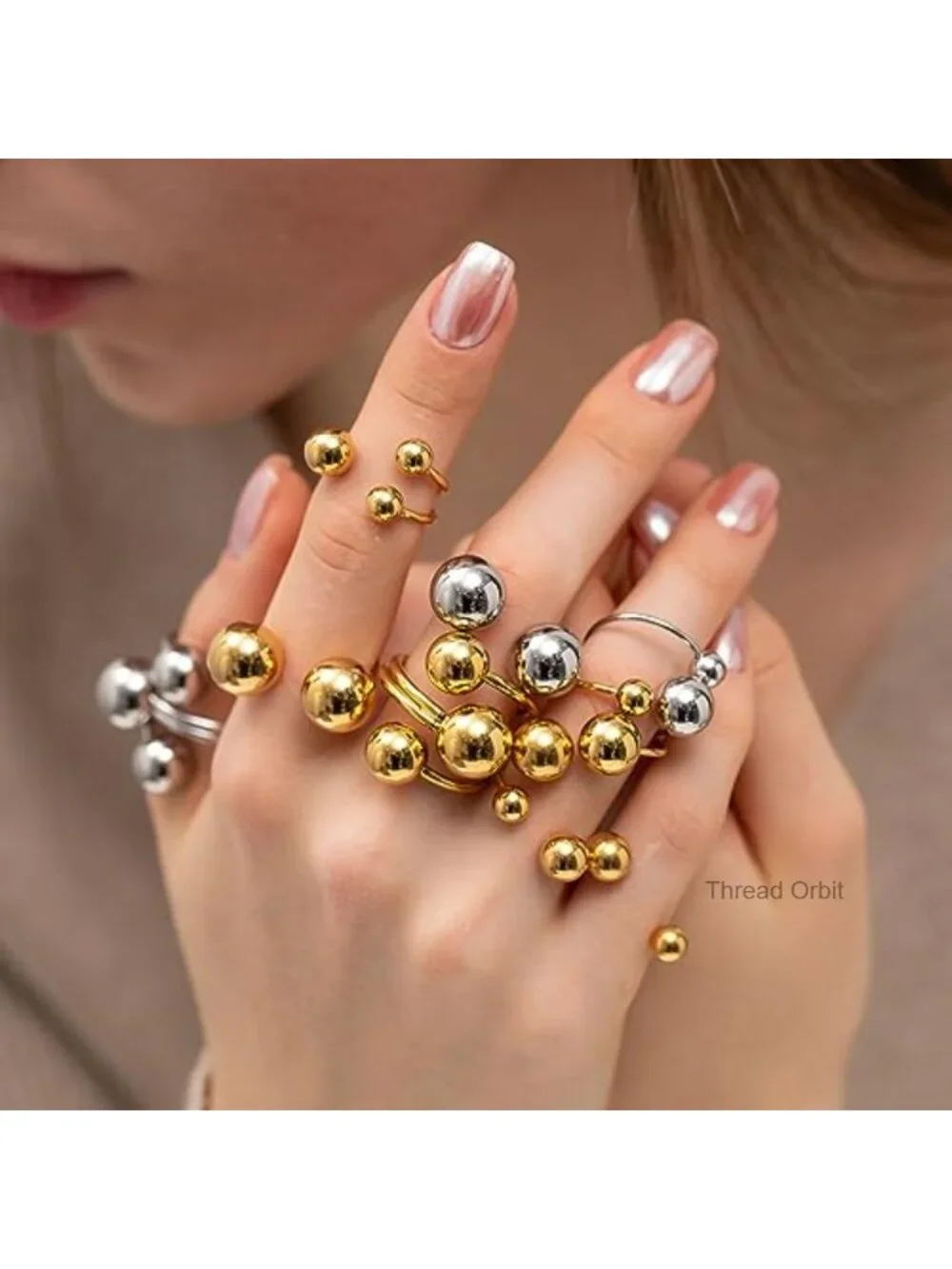 Minimalist Open Ball Statement Ring Stainless Steel Gold Plated Size 8 Layered